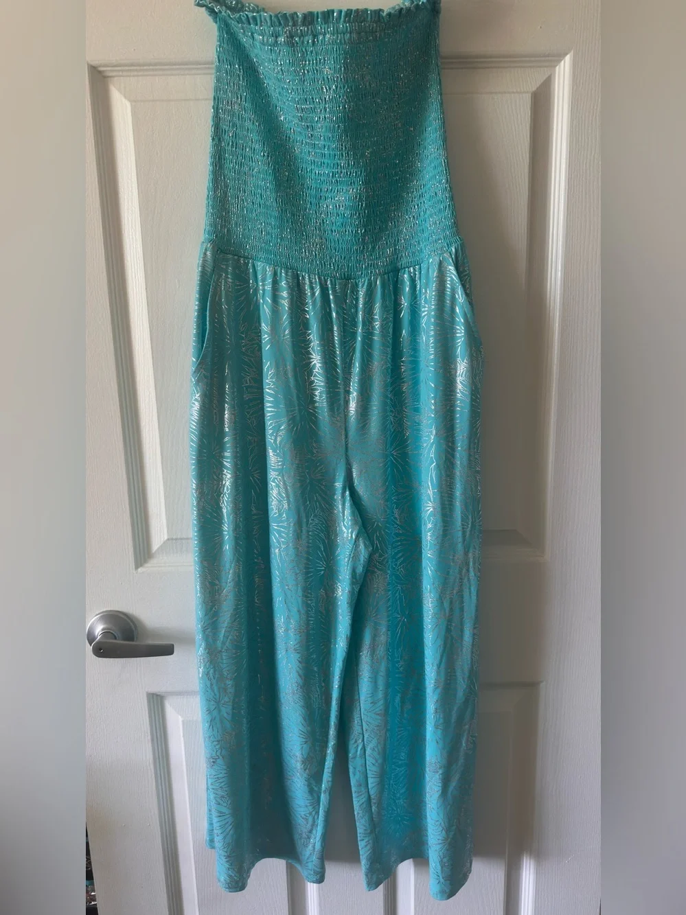 Michael Kors Turquoise Strapless Jumpsuit with Silver Foil Print
